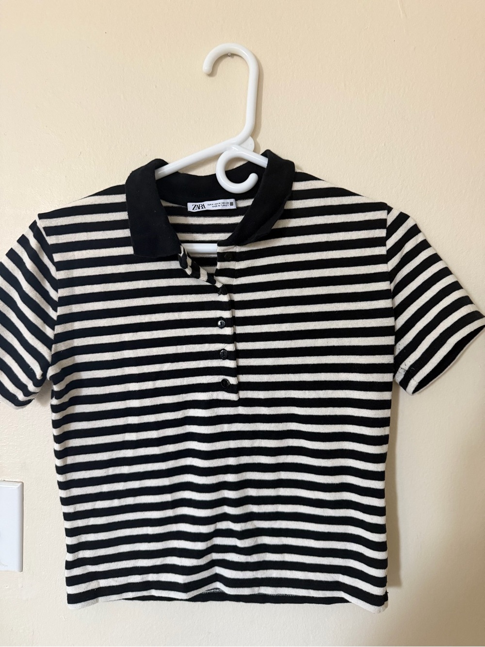 Zara Black & White Striped Button-Down Polo Top